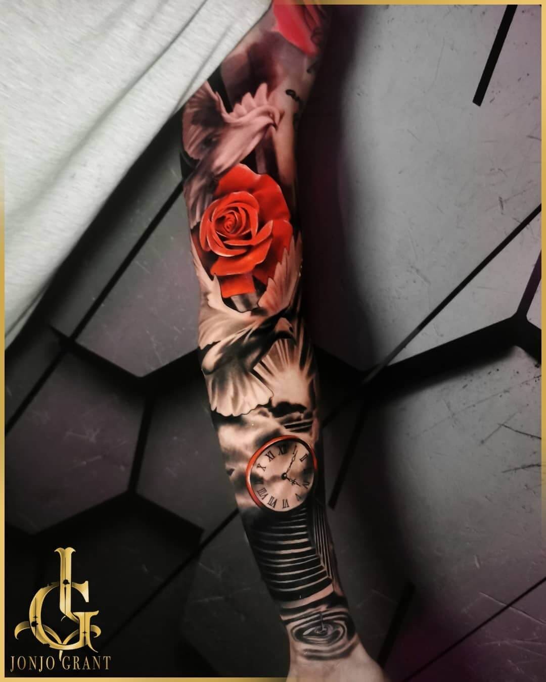 Red Notice Clock Flower Tattoo