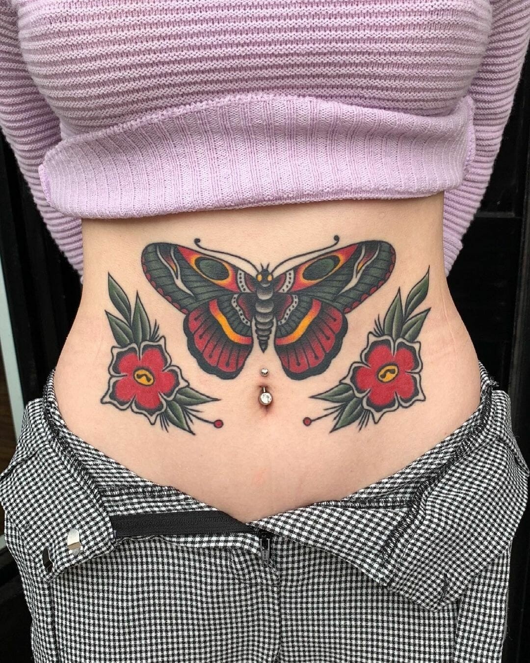 Red Flowers And Butterfly Tattoo