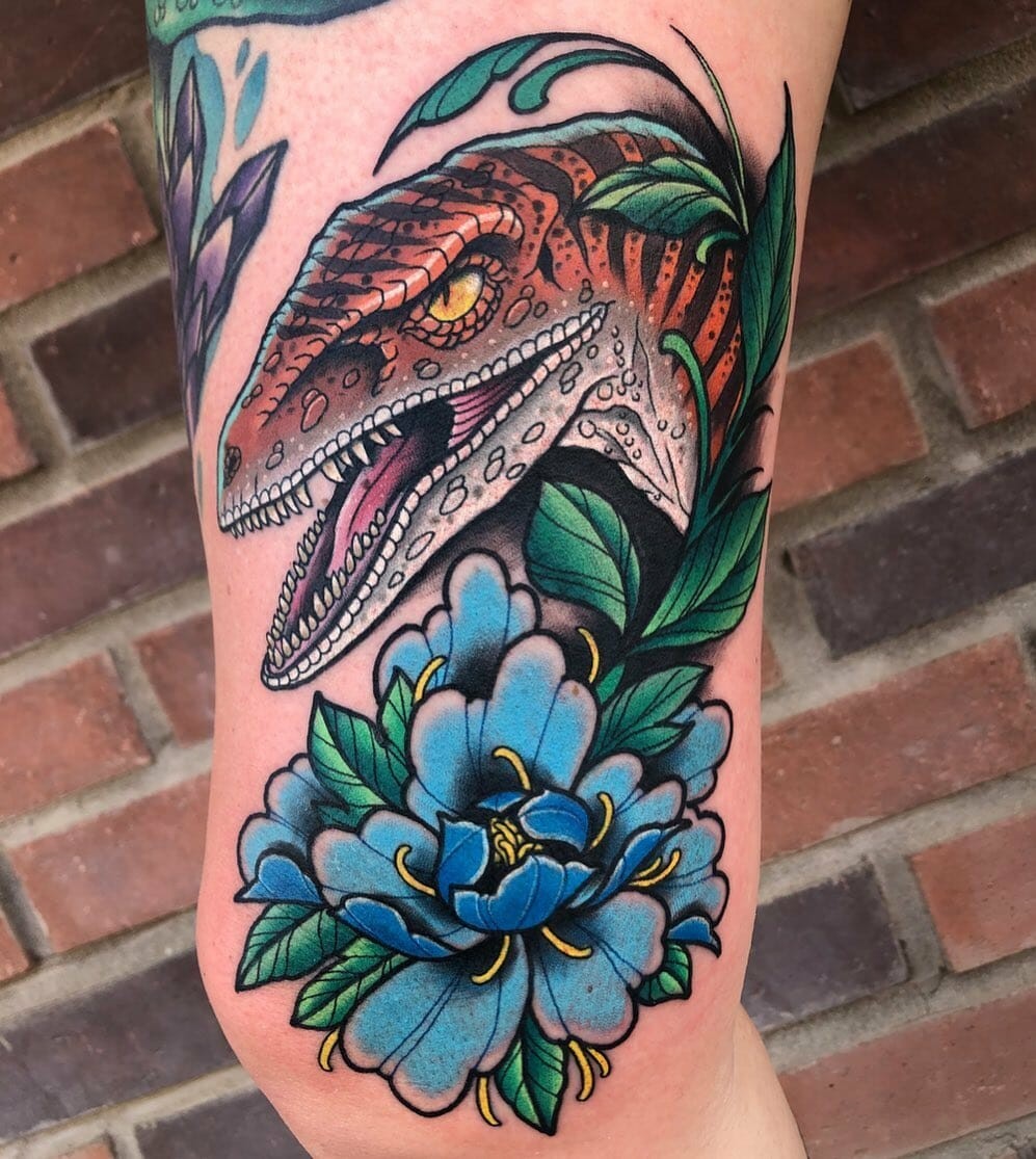 Realistic Velociraptor and Flowers Tattoo