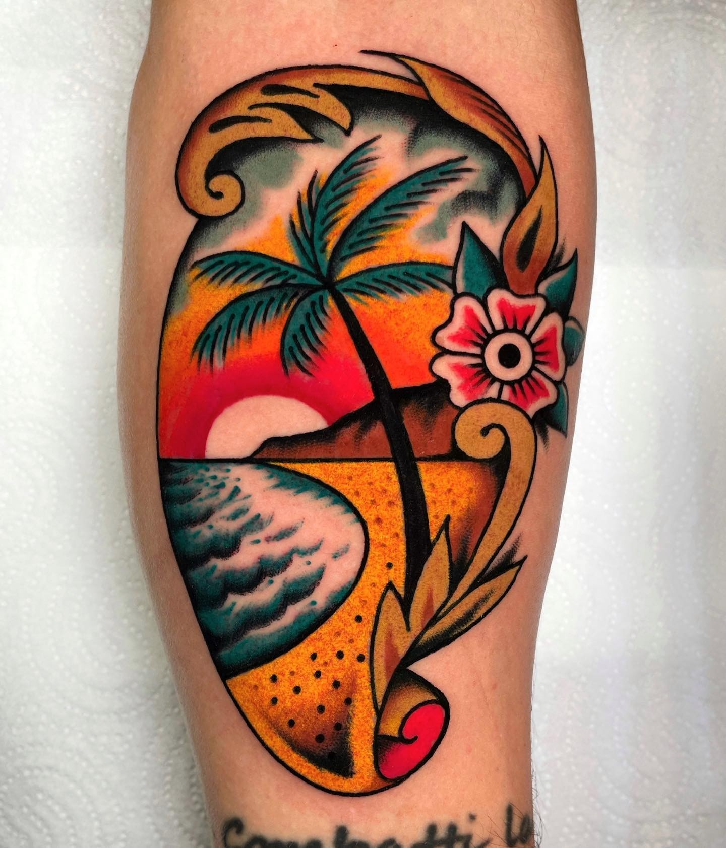 Traditional Beach Scene Tattoo