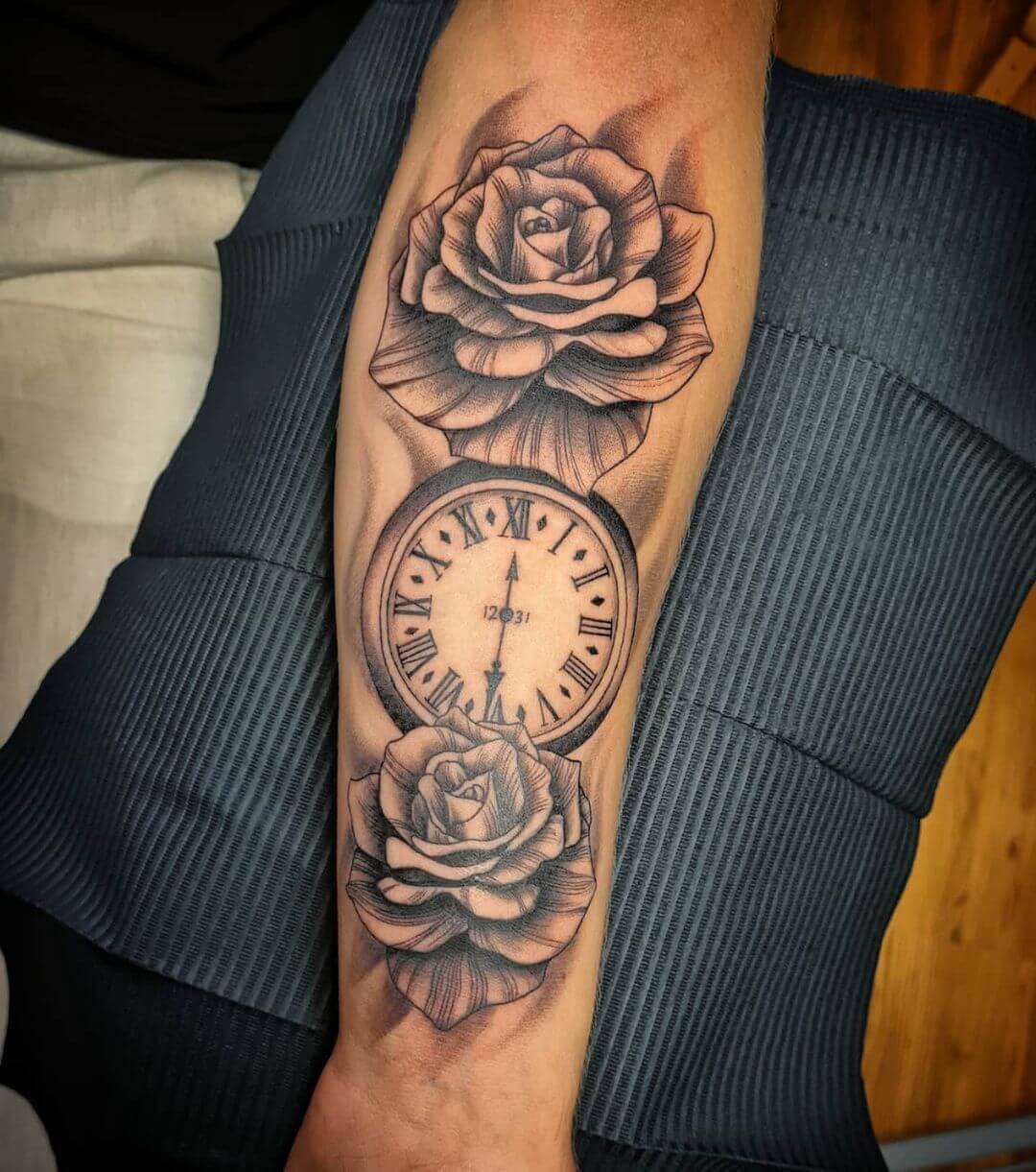 Roses And The Pointing Clock Tattoos