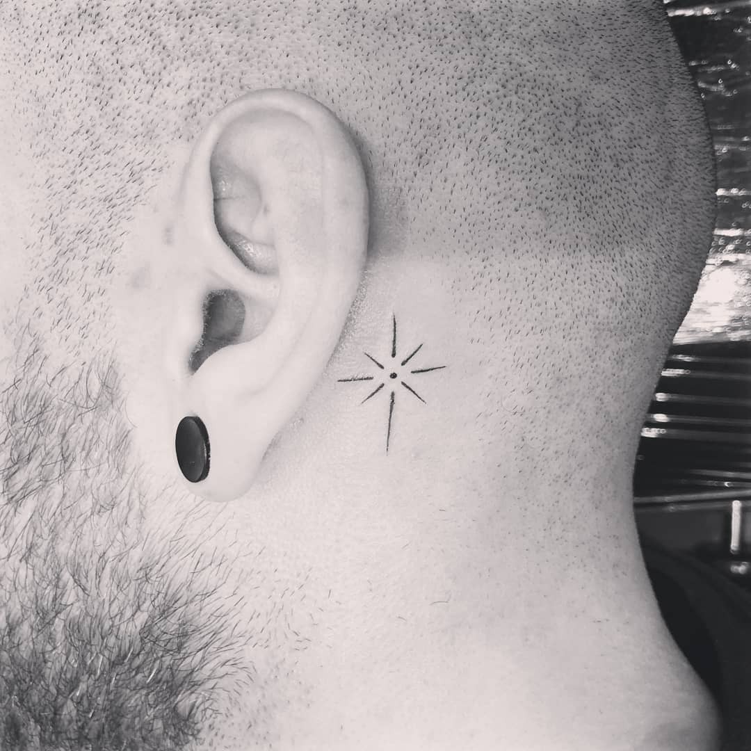 Tiny Simplistic Black Ink North Star Tattoo Design Body Art Behind The Ear Tattoo