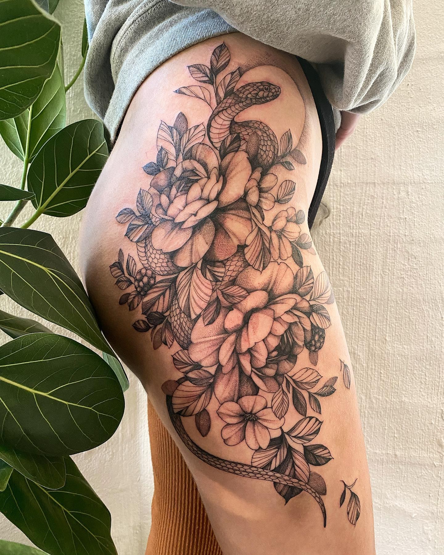 Elaborate Snake X Flowers Leg Tattoo