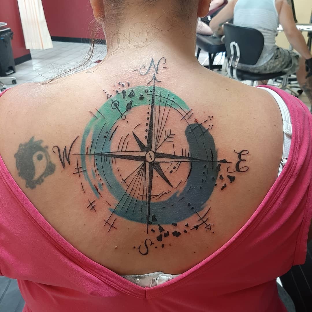 Blue and Black Ink Watercolor Wind Rose North Star Tattoo Compass Back Placement