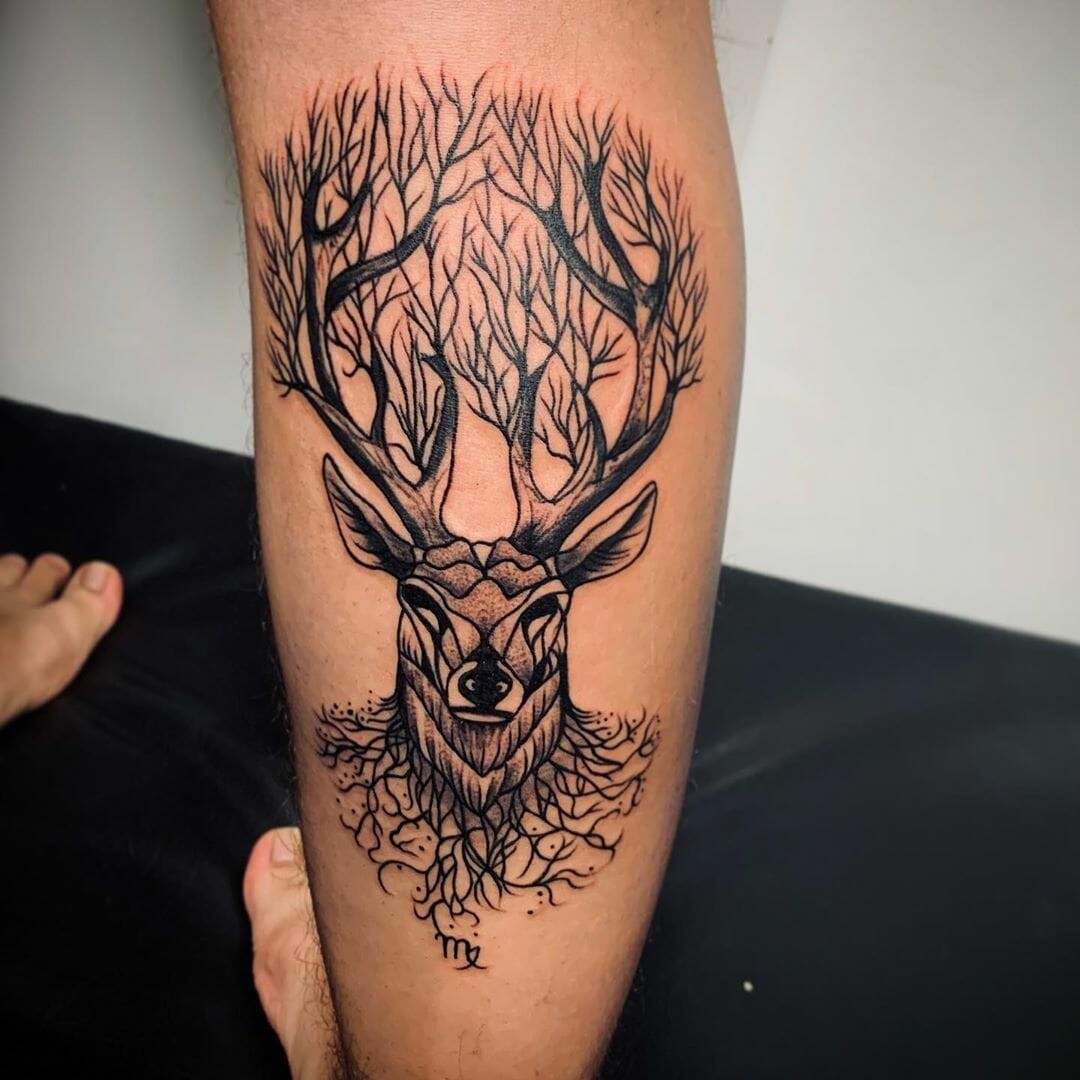 Big Black Men Leg Deer Tattoos Ideas