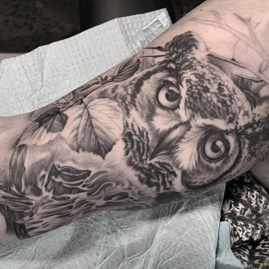 Great Horned Owl Tattoo In Black And Grey For Inner Arm