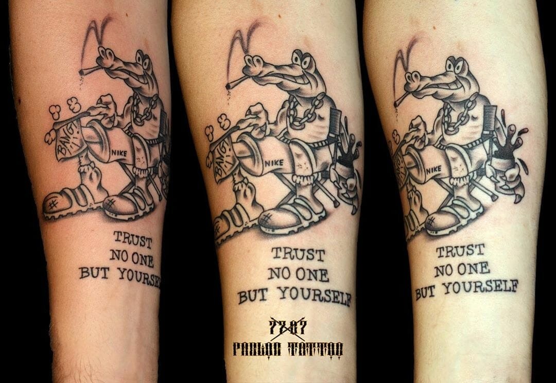 Black Ink Comic Tattoo Trust No One But Yourself Body Art For Men