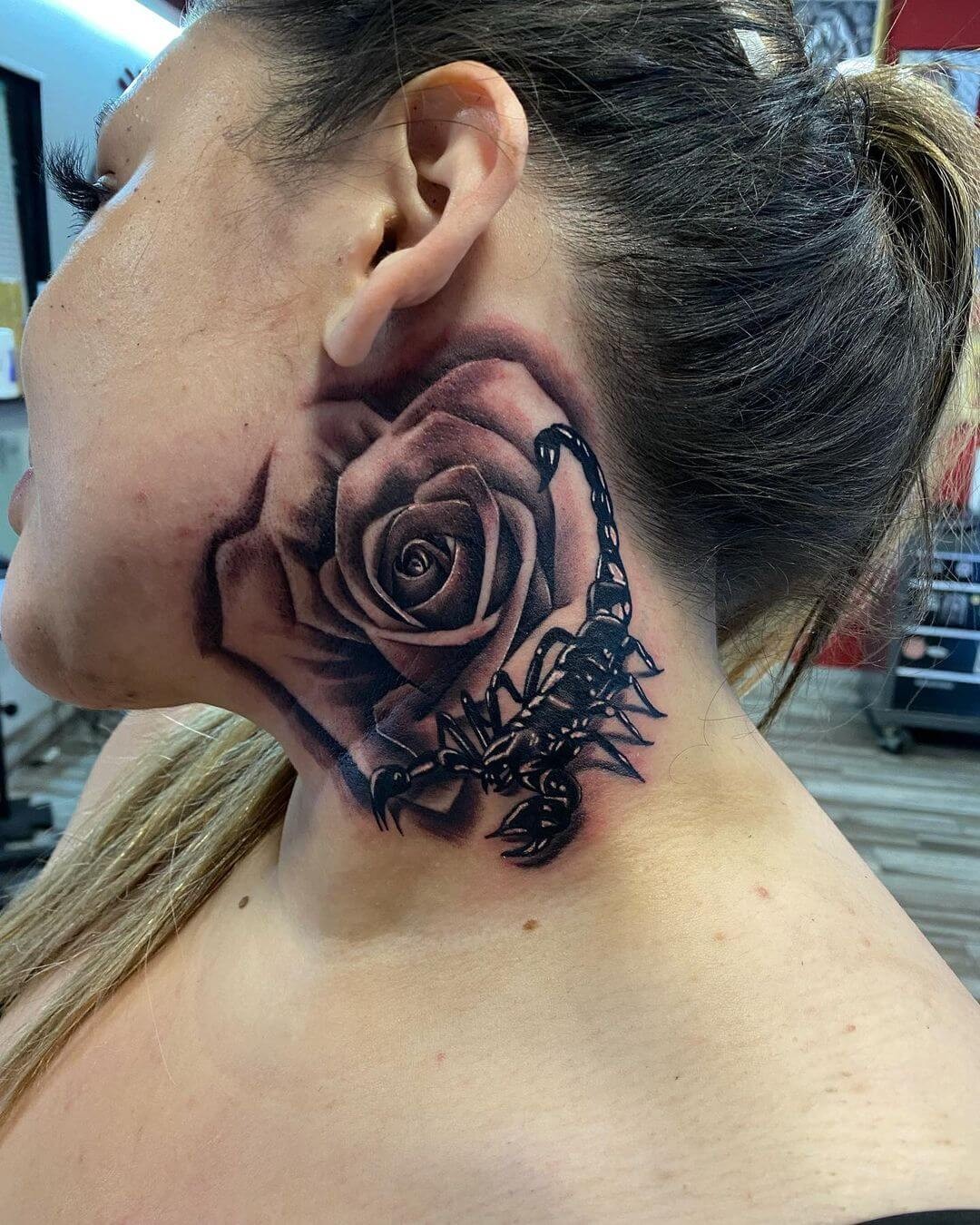 Aesthetic Scorpion Rose Tattoo Below Neck