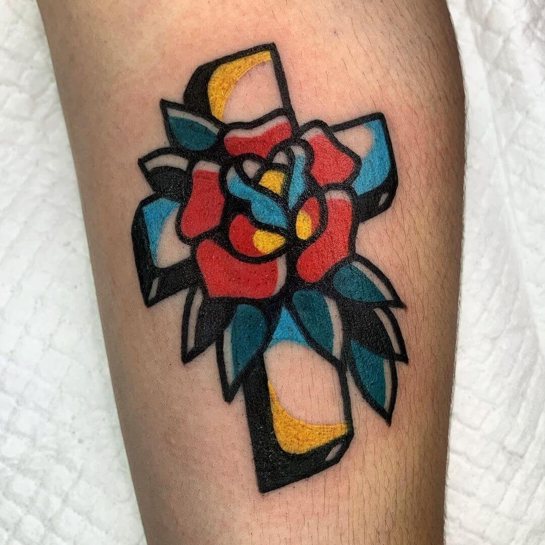 Colourful Graffiti Heart Cross Tattoo