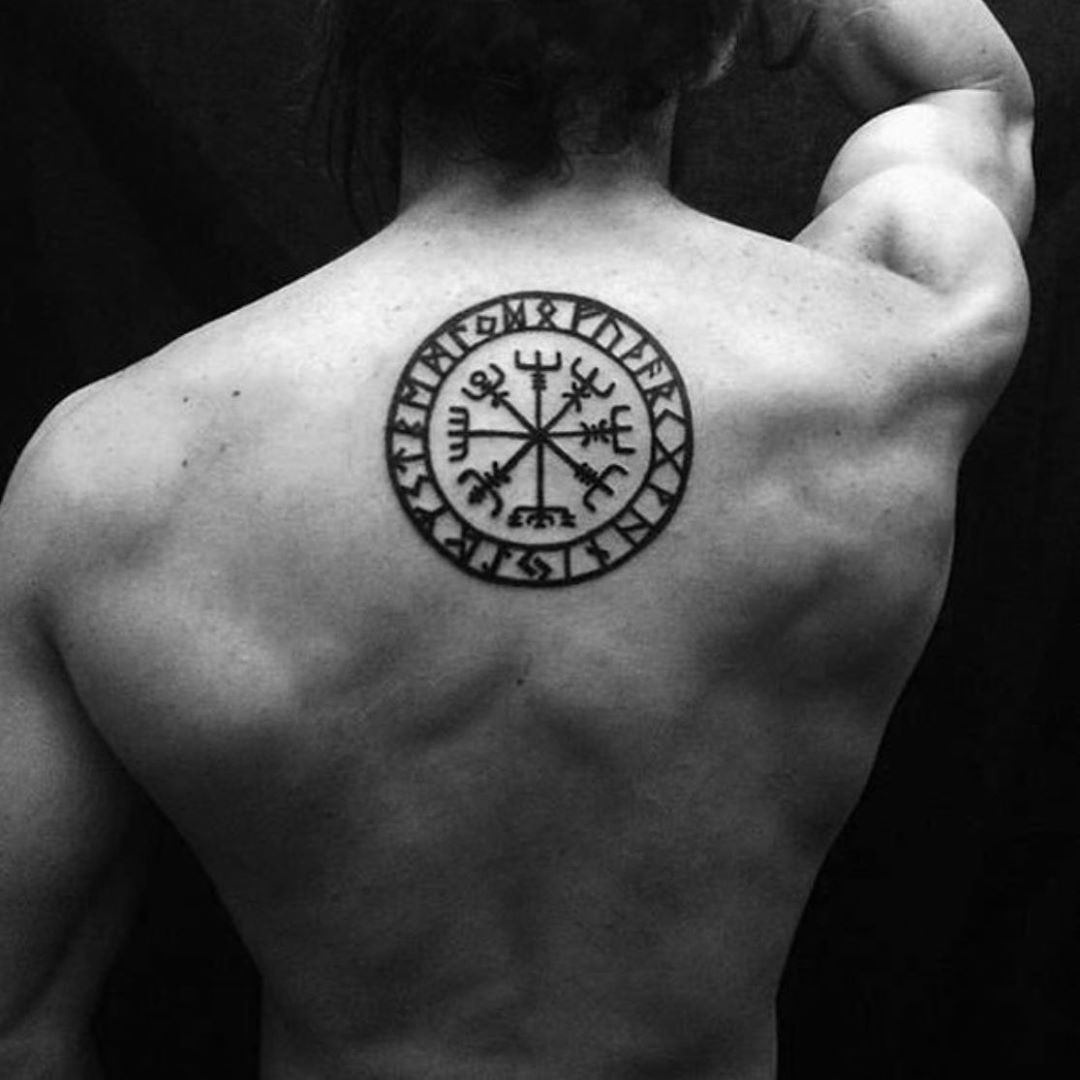 Bold Black Ink Helm Of Awe Tattoo WIth Viking Runes Back Tattoo Ideas For Men