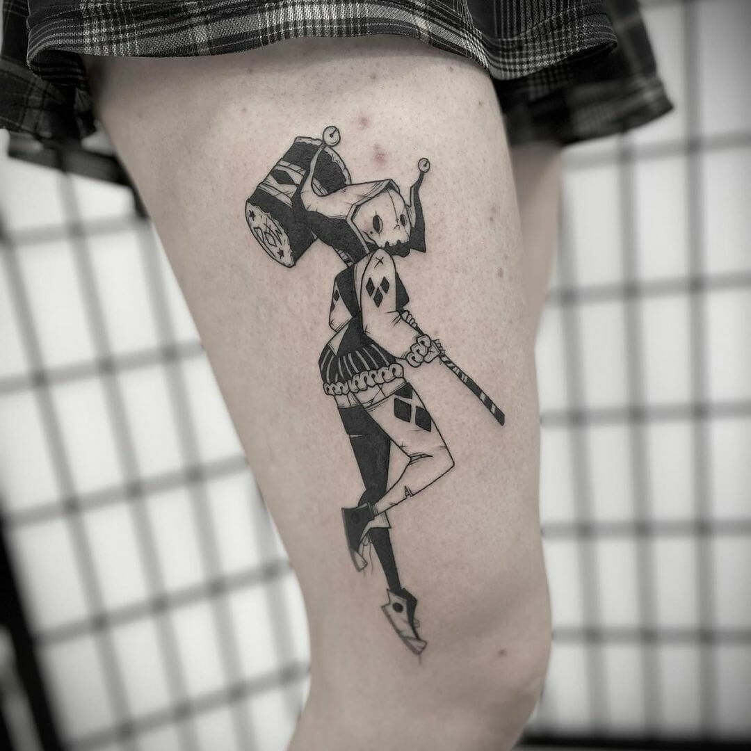 Harley Quinn Skeleton Tattoo On Leg