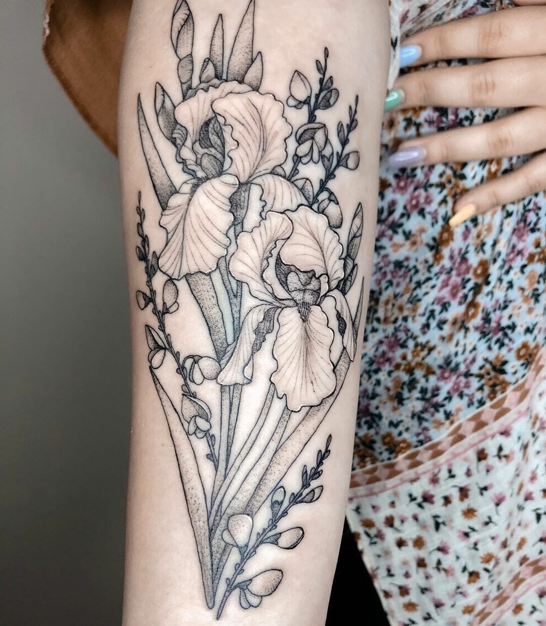 Black and Gray Botanical Iris Tattoo