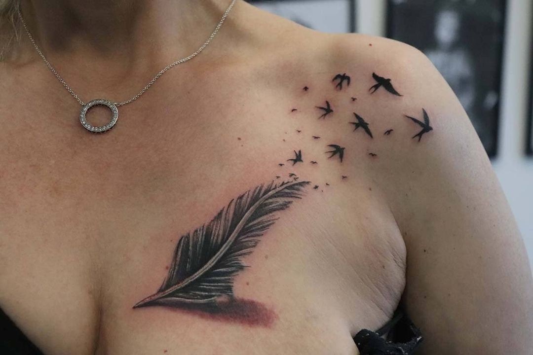 Dreamy Feather Chest Tattoo Women