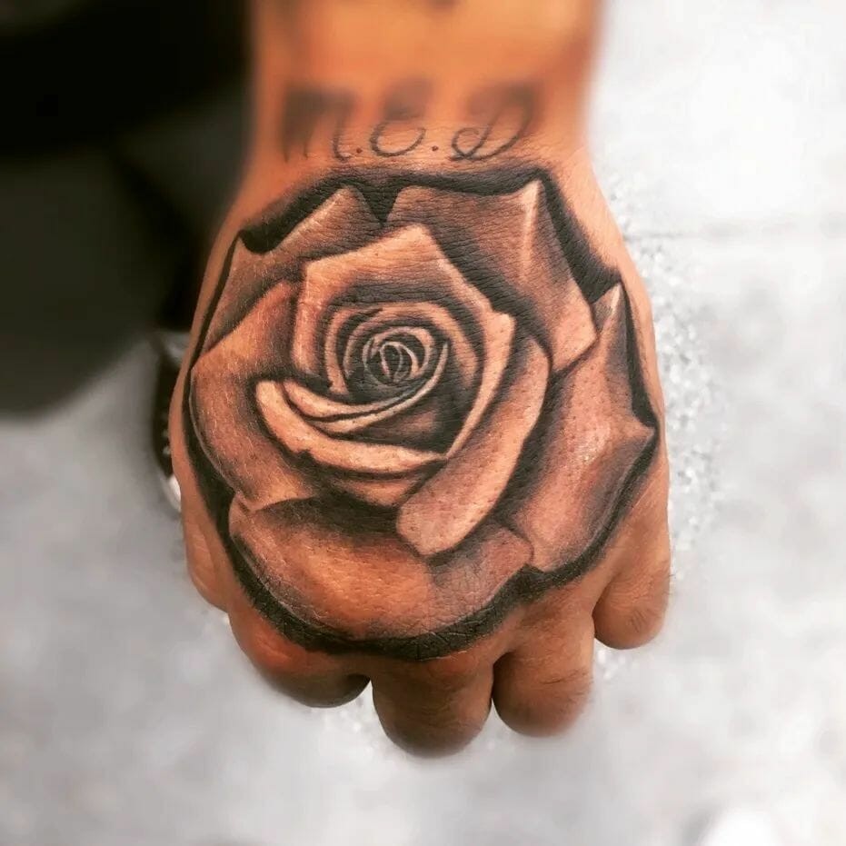 Realistic Big Black And Grey Rose Hand Tattoo