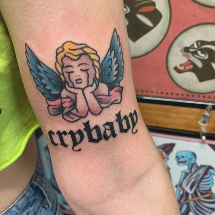 Crybaby Cherub Tattoo In Old English Fonts