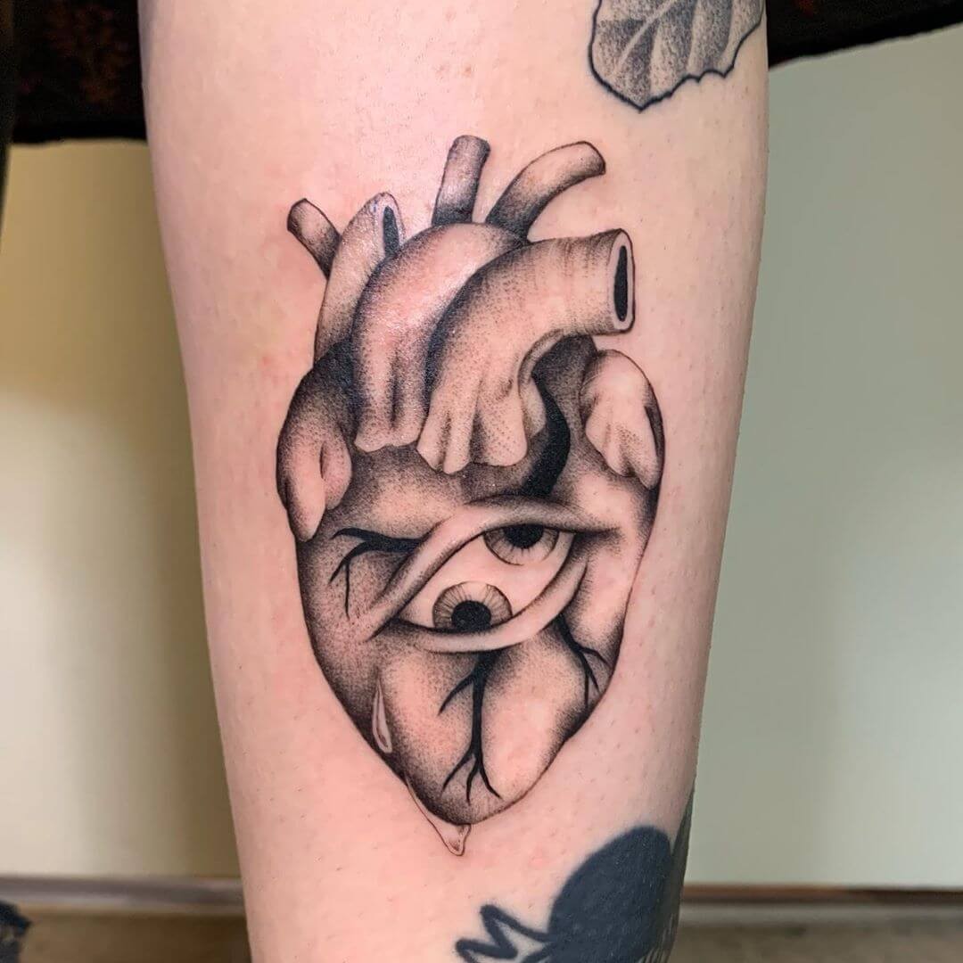 Love Is Blind Trippy Heart With Eyes Surrealism Tattoo Design In Black Ink Dotwork