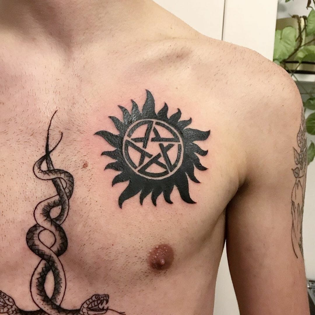 Supernatural Tattoo Over Chest Black Ink