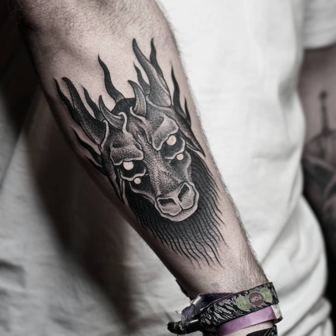 Baphomet Tattoo Over Elbow