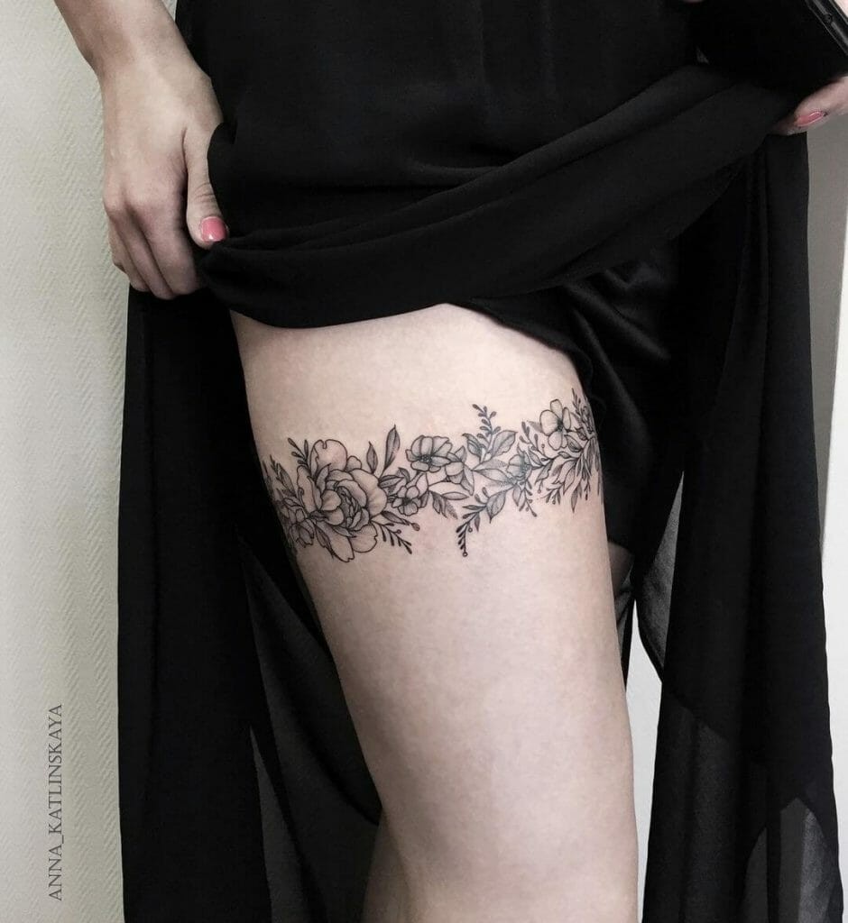 Floral Garter Upper Thigh Tattoos