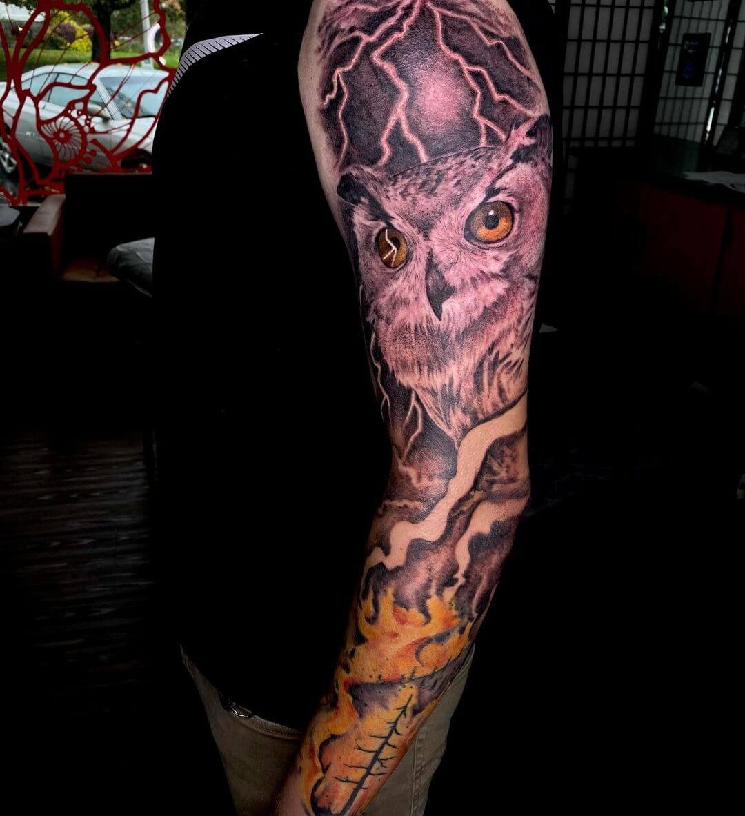 The Haunting Forest Fire X Owl Sleeve Tattoo