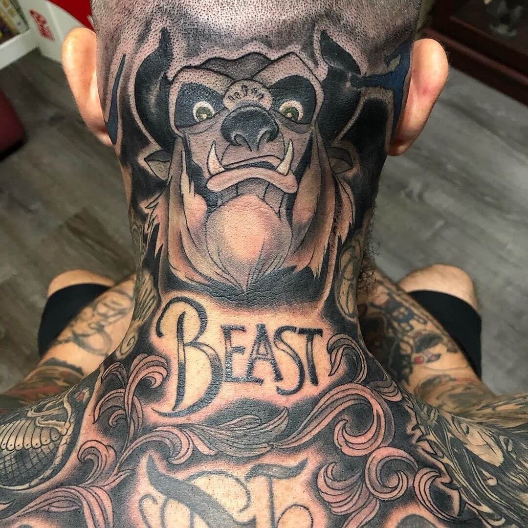 Incredible The Beast Tattoo In Black And White Ink For Men Back Of The Head And Neck Tattoo