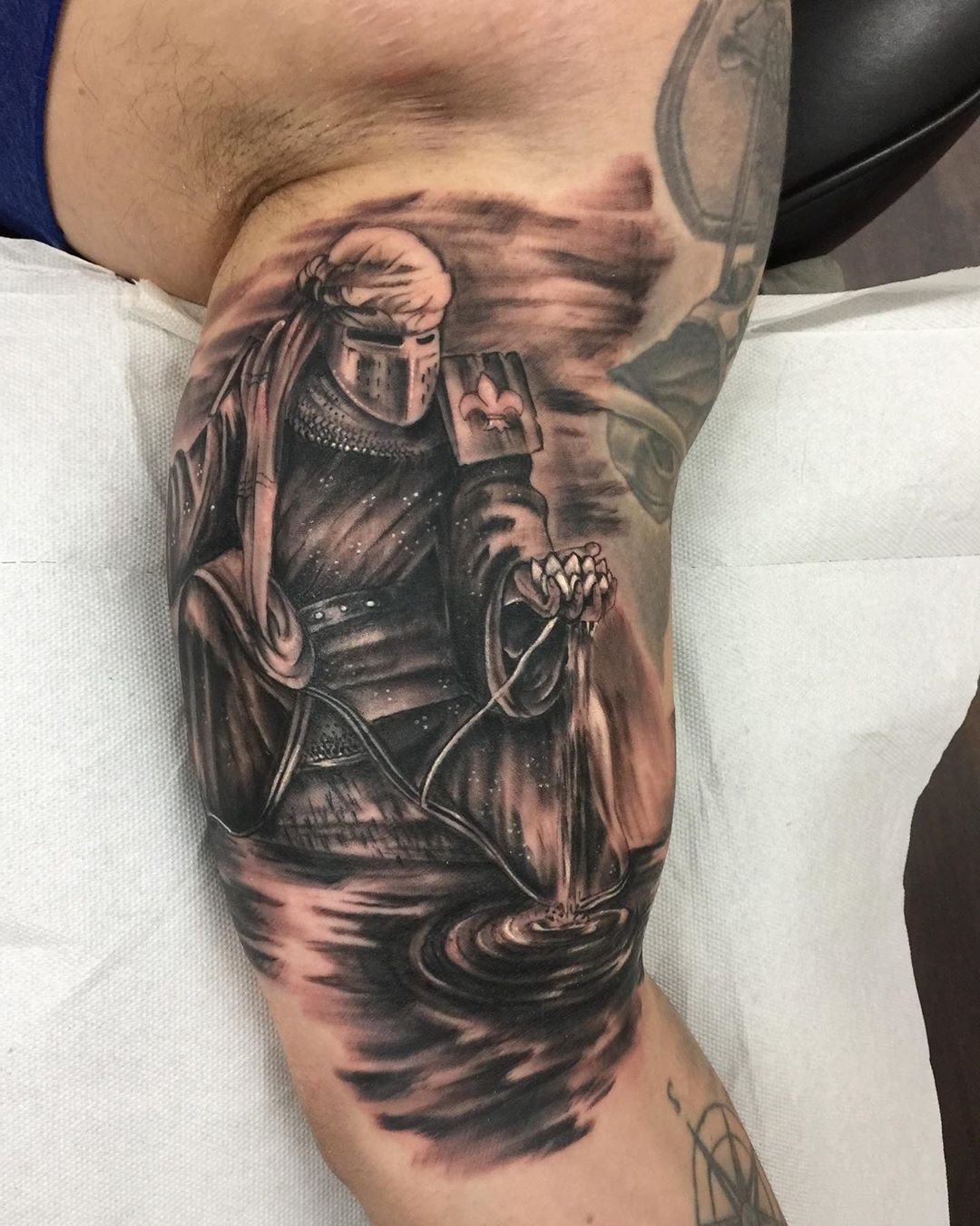 Excellent Ink Body Artwork Tattoos Of Knights In Desert Scene Leg Sleeve Tattoo Idea