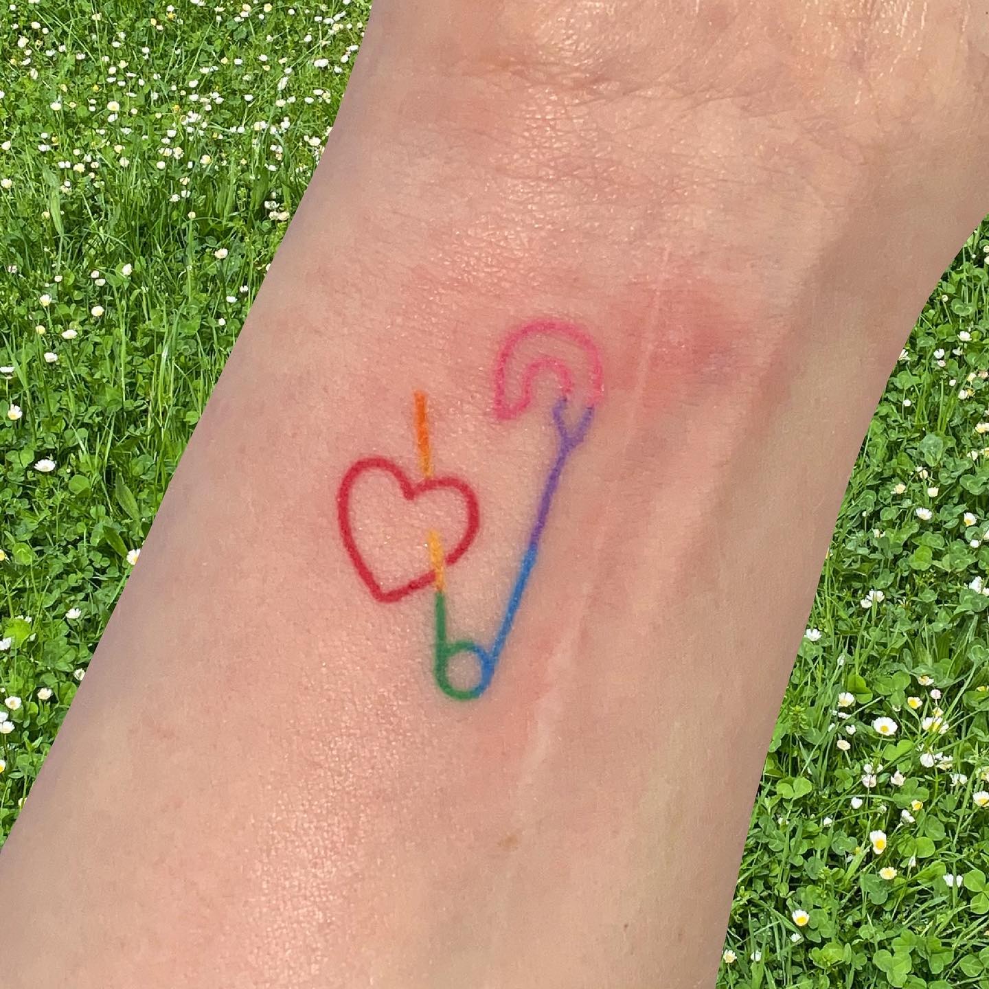 Safety Pin and Heart With Rainbow Colours Tattoo