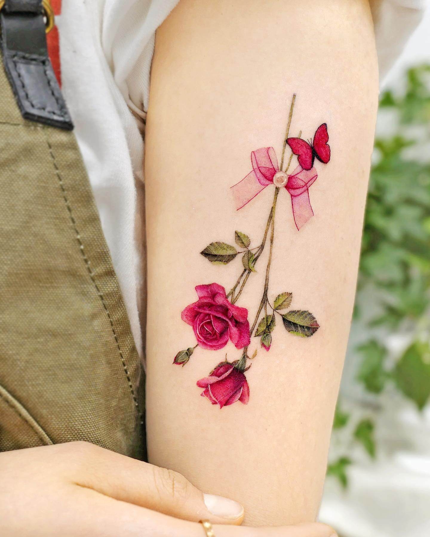 Bow And Red Rose Tattoo With Butterflies