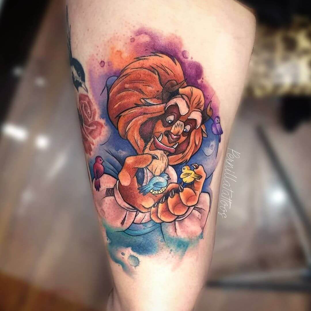 Beauty and The Beast Tattoos Charming Disney Beast Tattoo Full Color Large Thigh Design