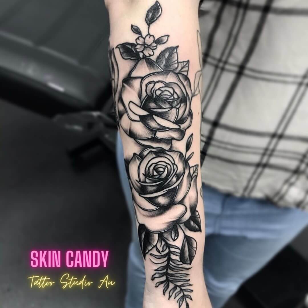 Dark Black Ink Rose Tattoo On Whole Arm