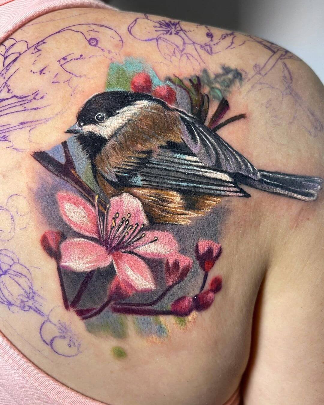 Half Chest or Back Chickadee Tattoo