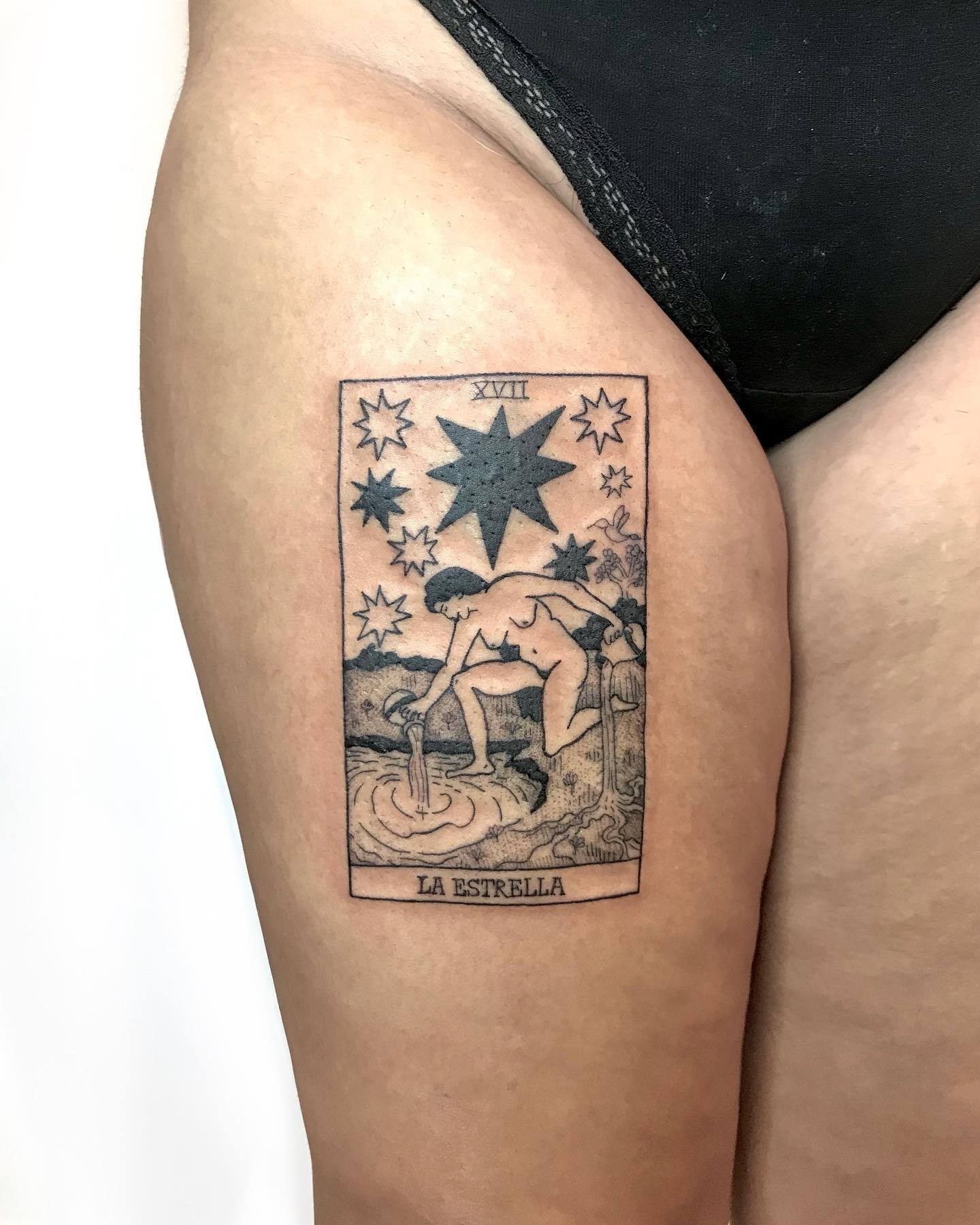 Monochrome Star Tarot Thigh Tattoo