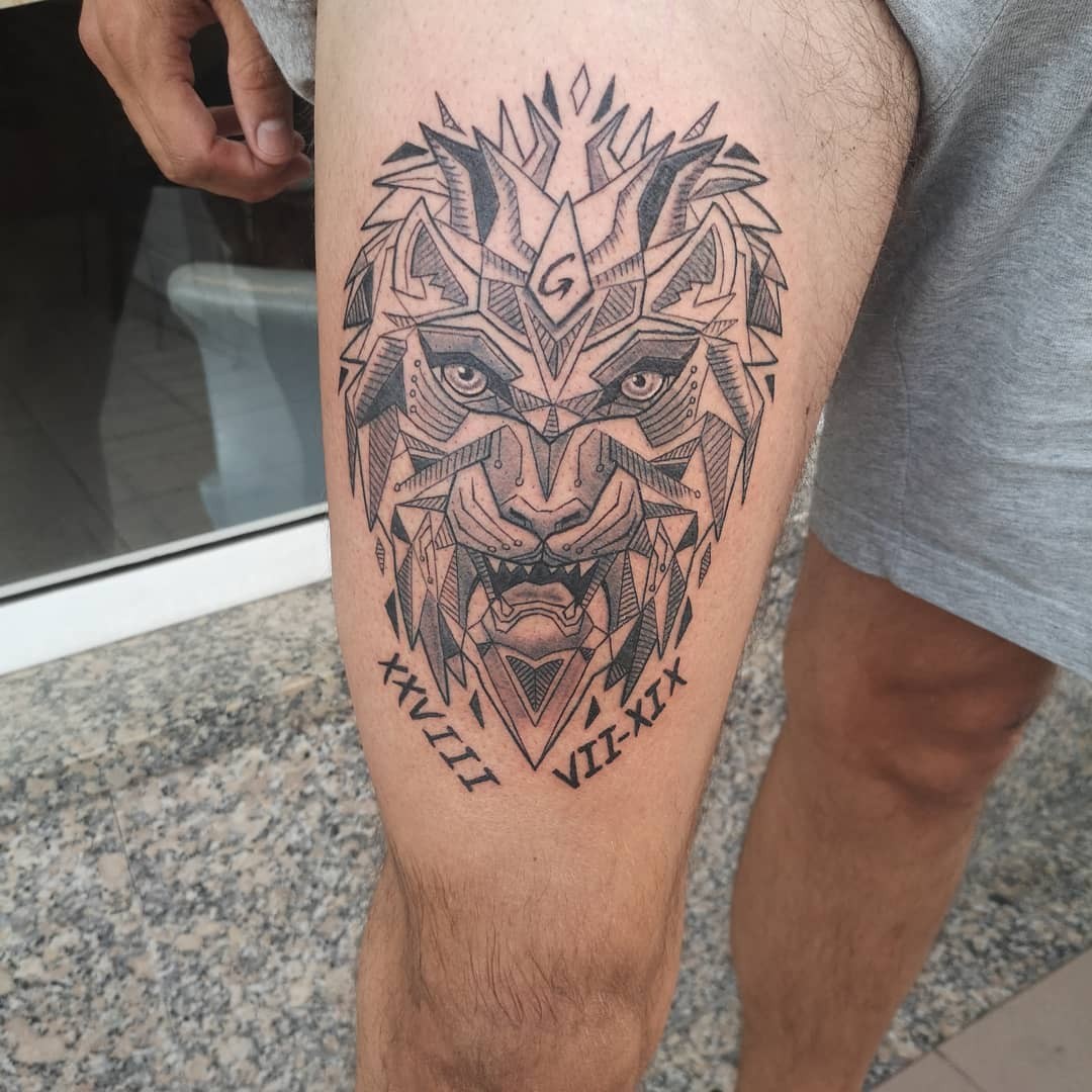 Geometric Lion Tattoo On Leg