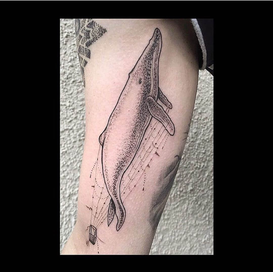 Black Ink Dotwork Unique Fin Whale Tattoo Ideas Whale Hot Air Balloon Design On Arm