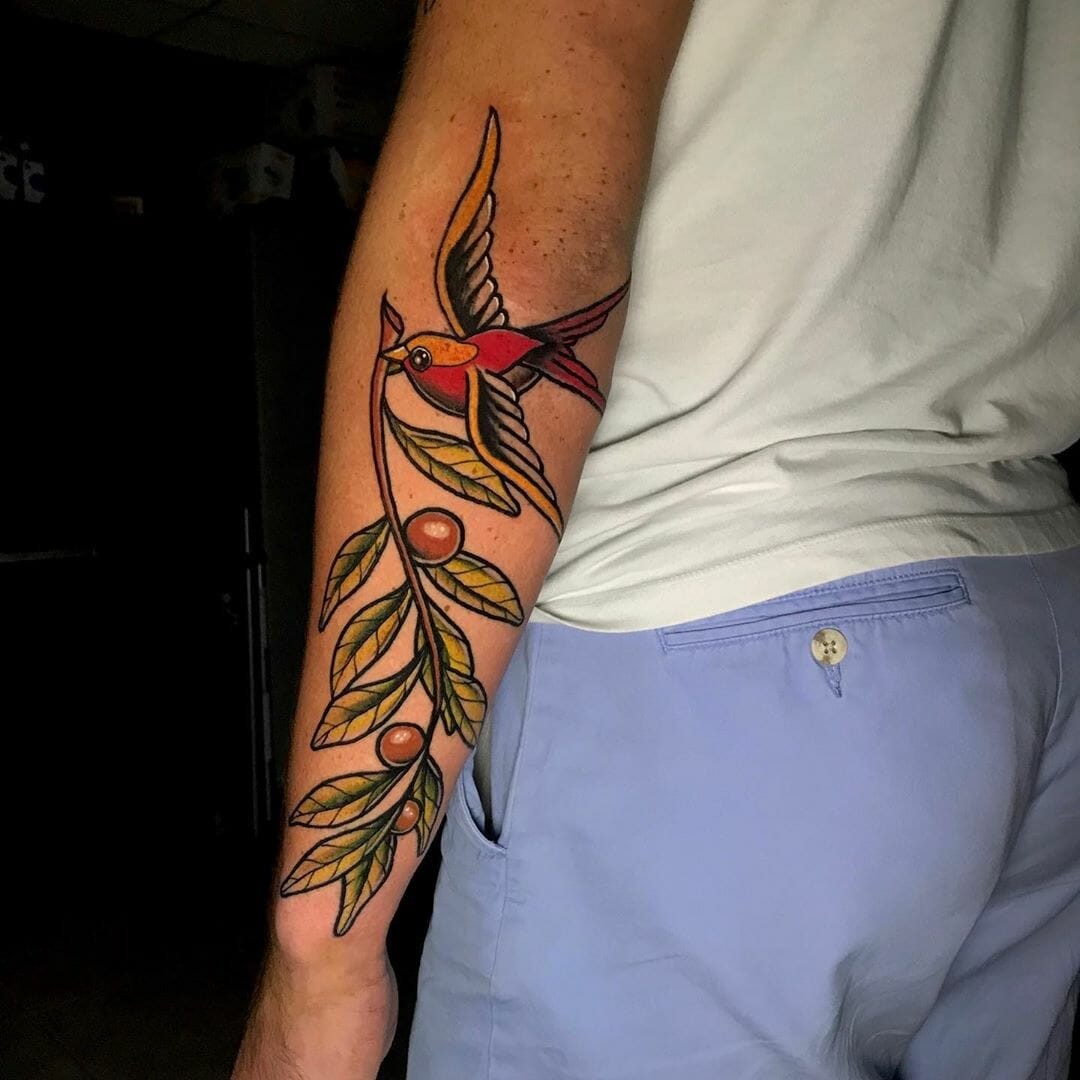 Bird And Olive Leaves Men Tattoo