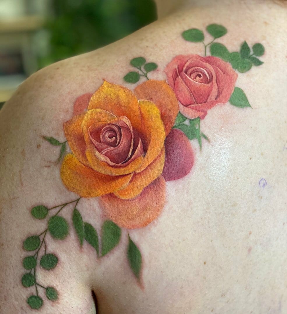 Watercolor Yellow And Red Rose Tattoo