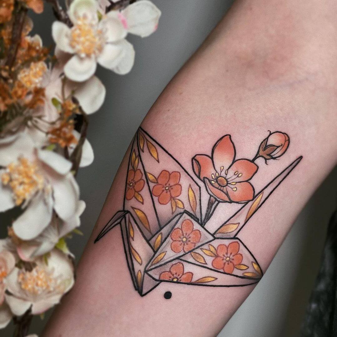 Neo-Traditional Origami Crane Tattoo Design