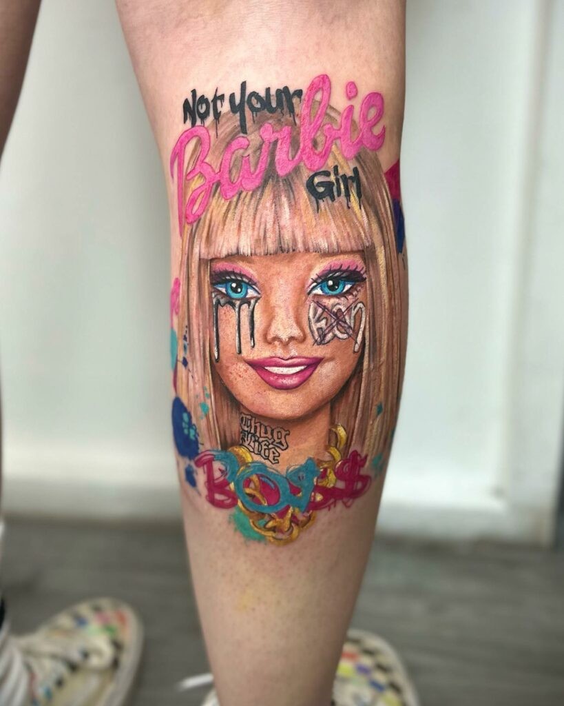 Retro Barbie Tattoo Design on the Calf