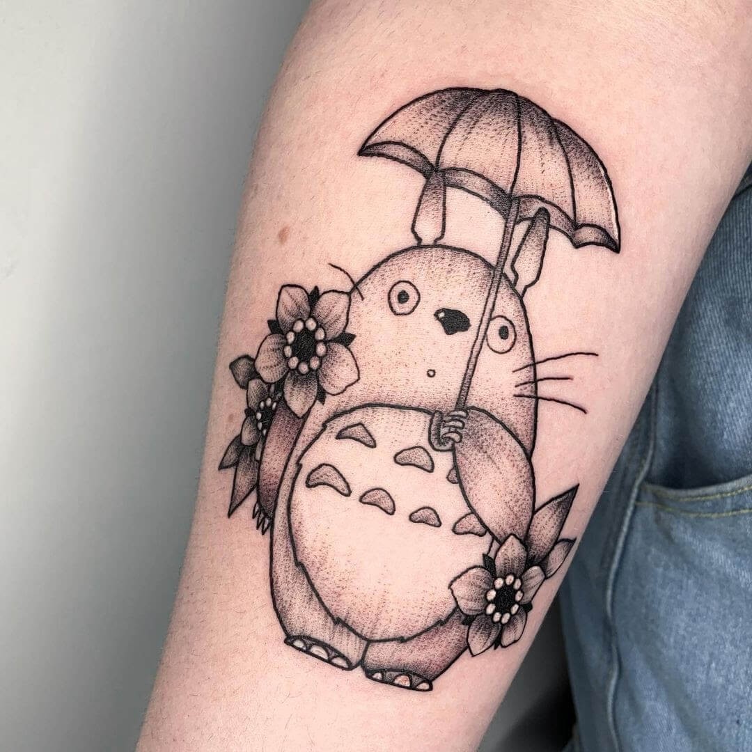 Totoro Tattoo With An Umbrella Print Minimalistic Design