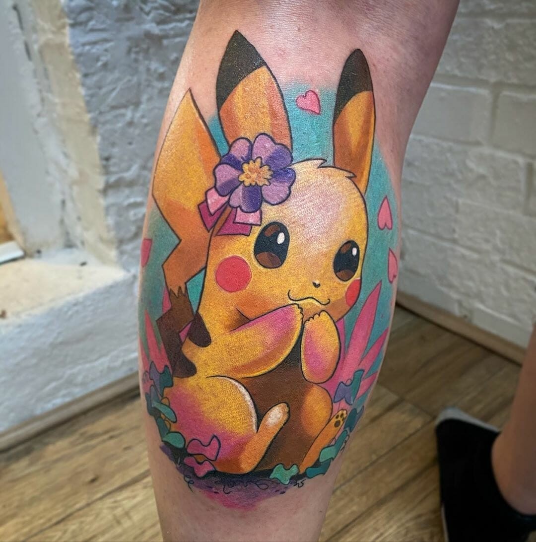 Pikachu Tattoo On Calf