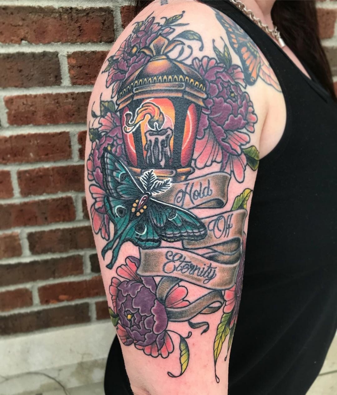 Traditional Banner Tattoos Sleeve With Roses & Art