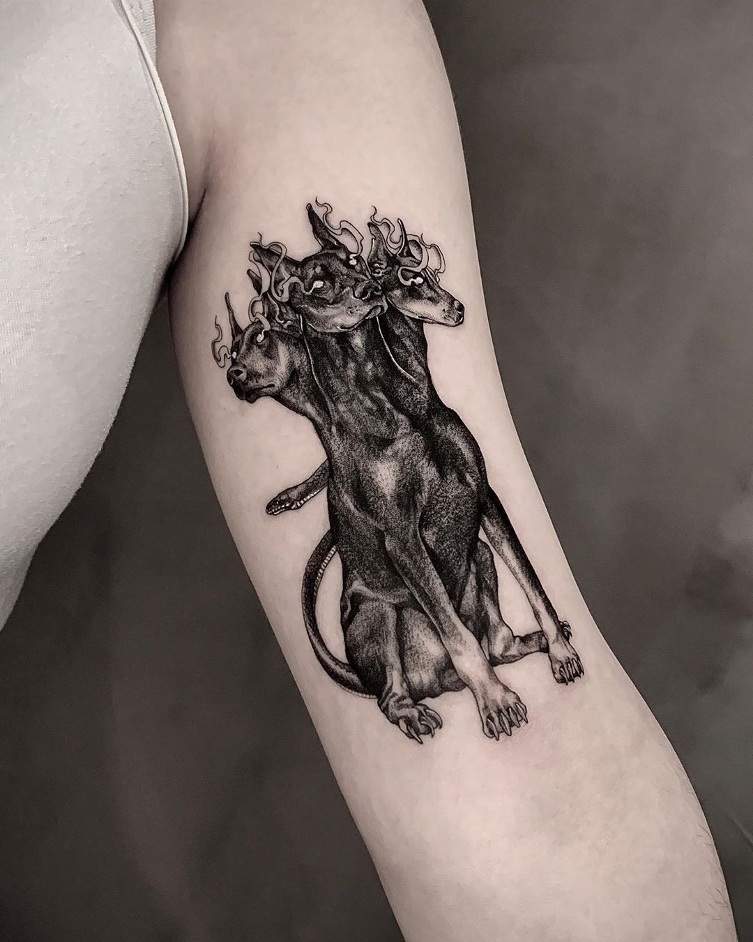 Dark Doberman Like Cerberus Tattoo Realistic Black Dog Inner Arm Tattoo Design