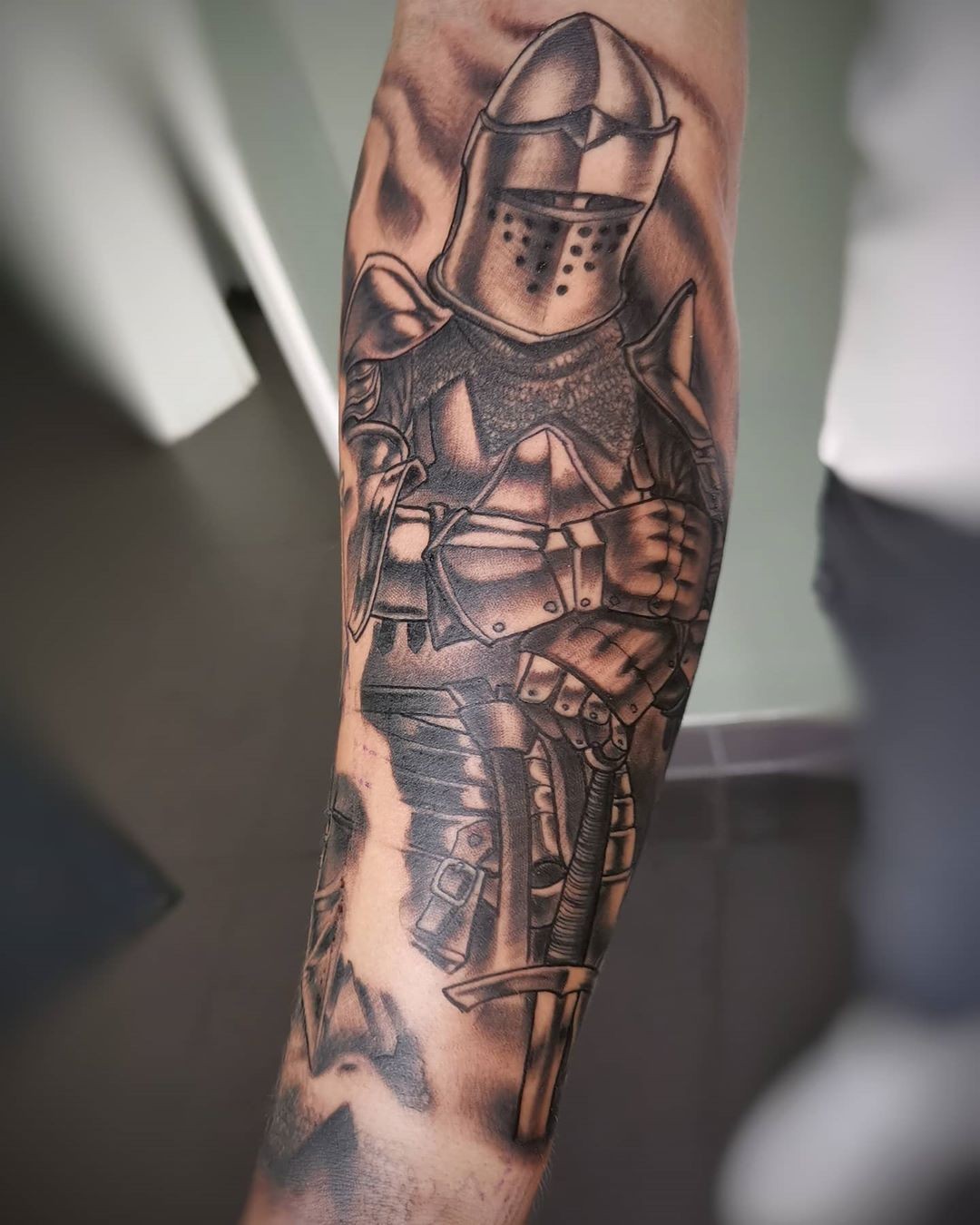 Simplistic Knight Tattoo Forearm Placement Grayscale Knight Tattoos Ideas For Men