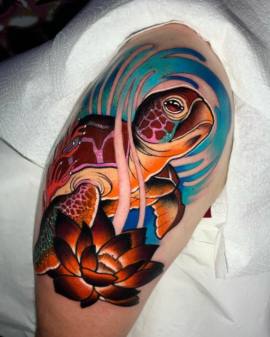 Colourful Sea Turtle Arm Tattoo