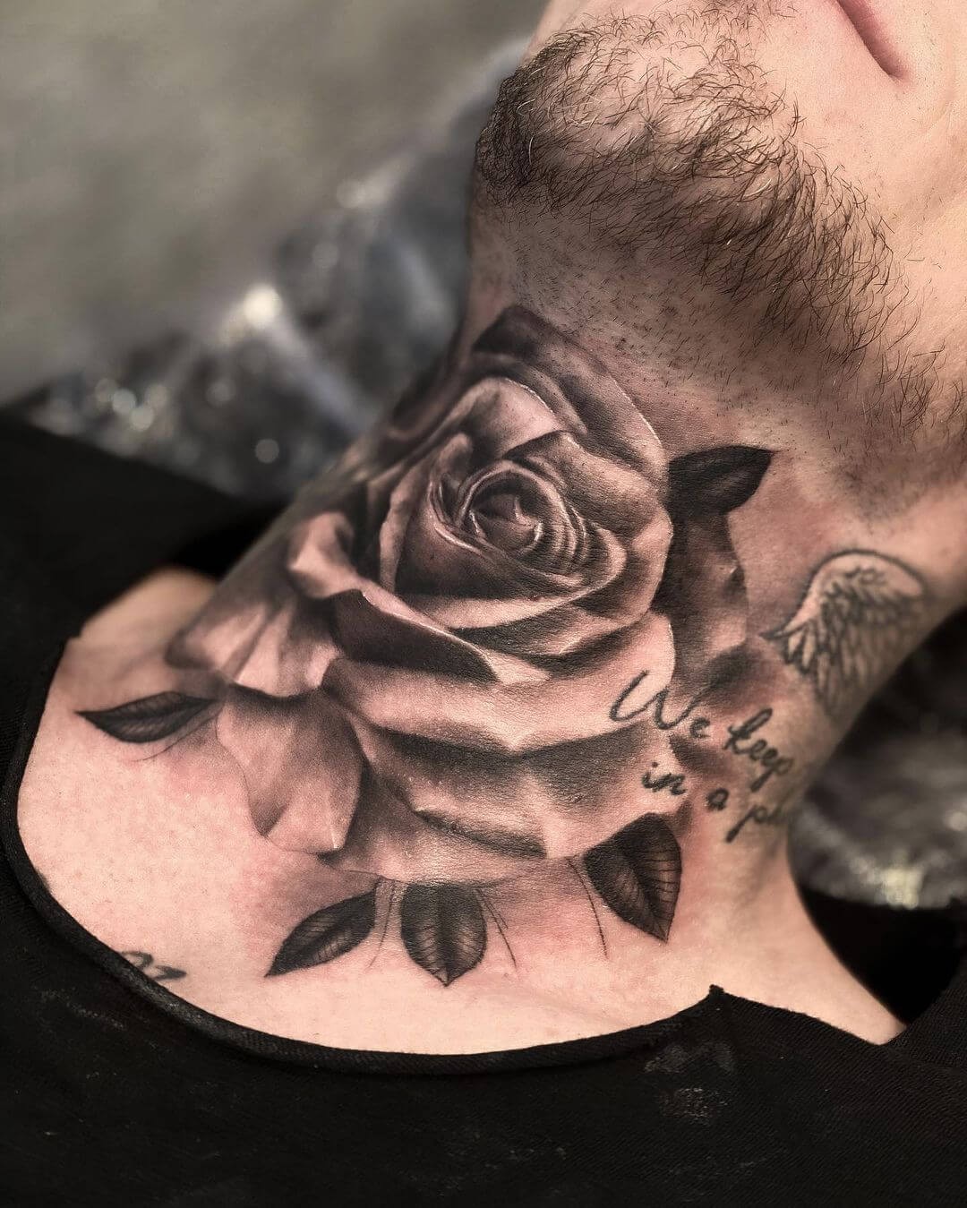 Rose With Message Neck Tattoo