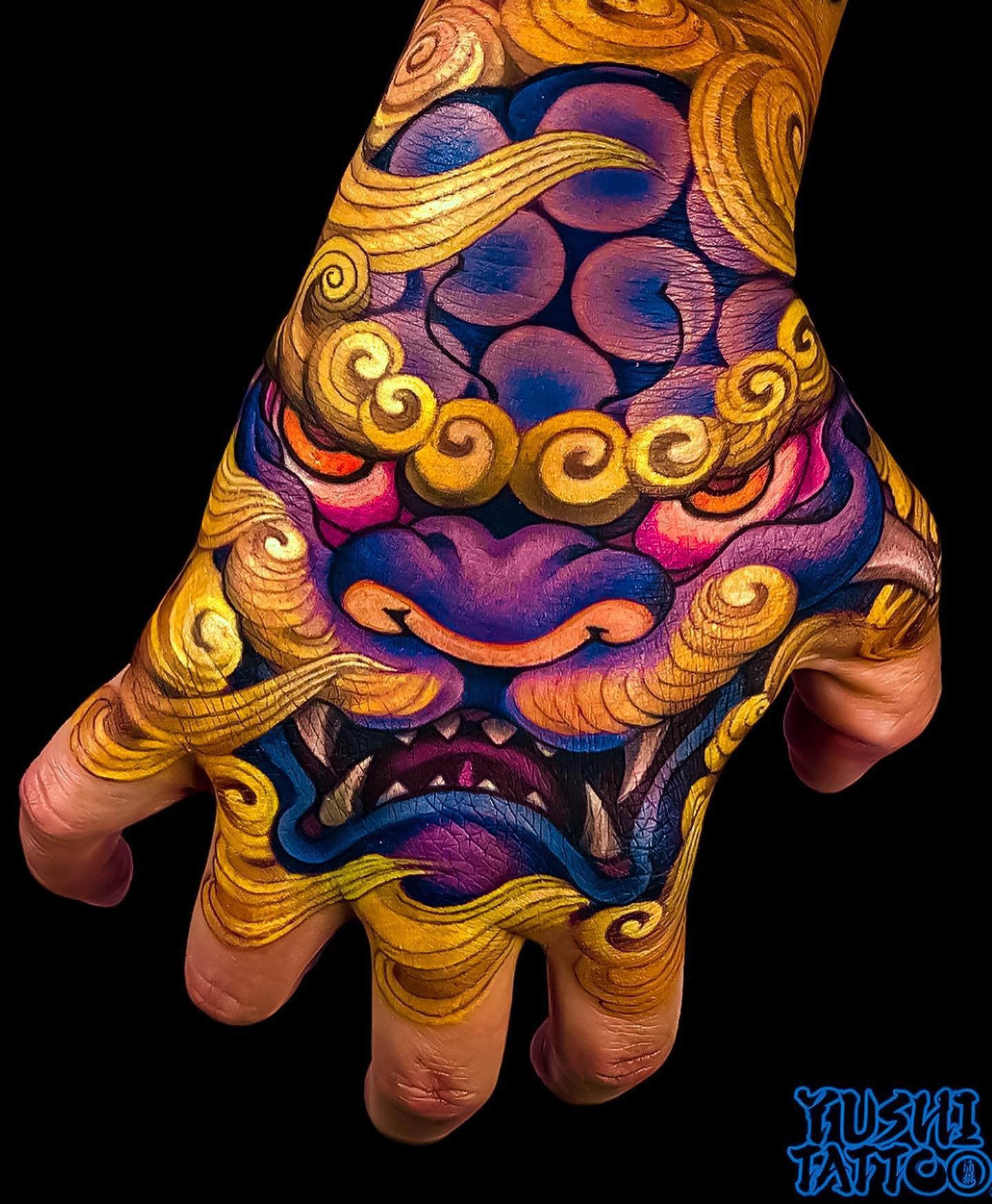 Traditional Japanese Foo Dog Tattoo Designs On Hand