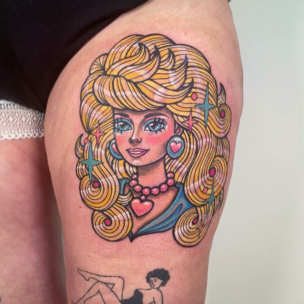 Lovely Barbie Doll Tattoo Design on Thigh