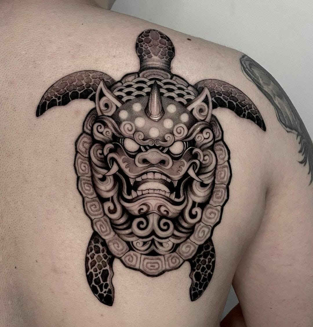 Foo Dog Within A Turtle Tattoo Designs