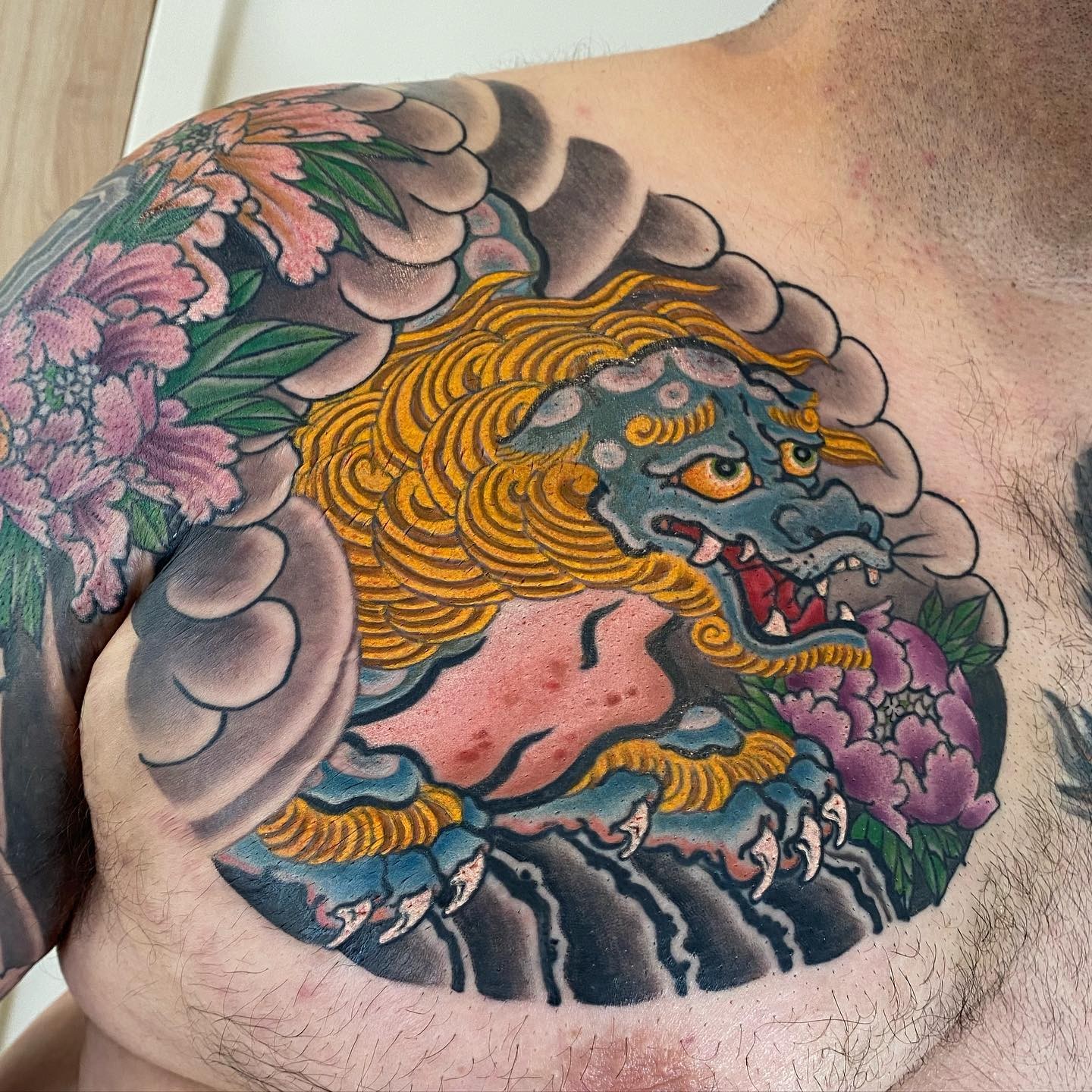 Traditional Foo Dog Chest Tattoo