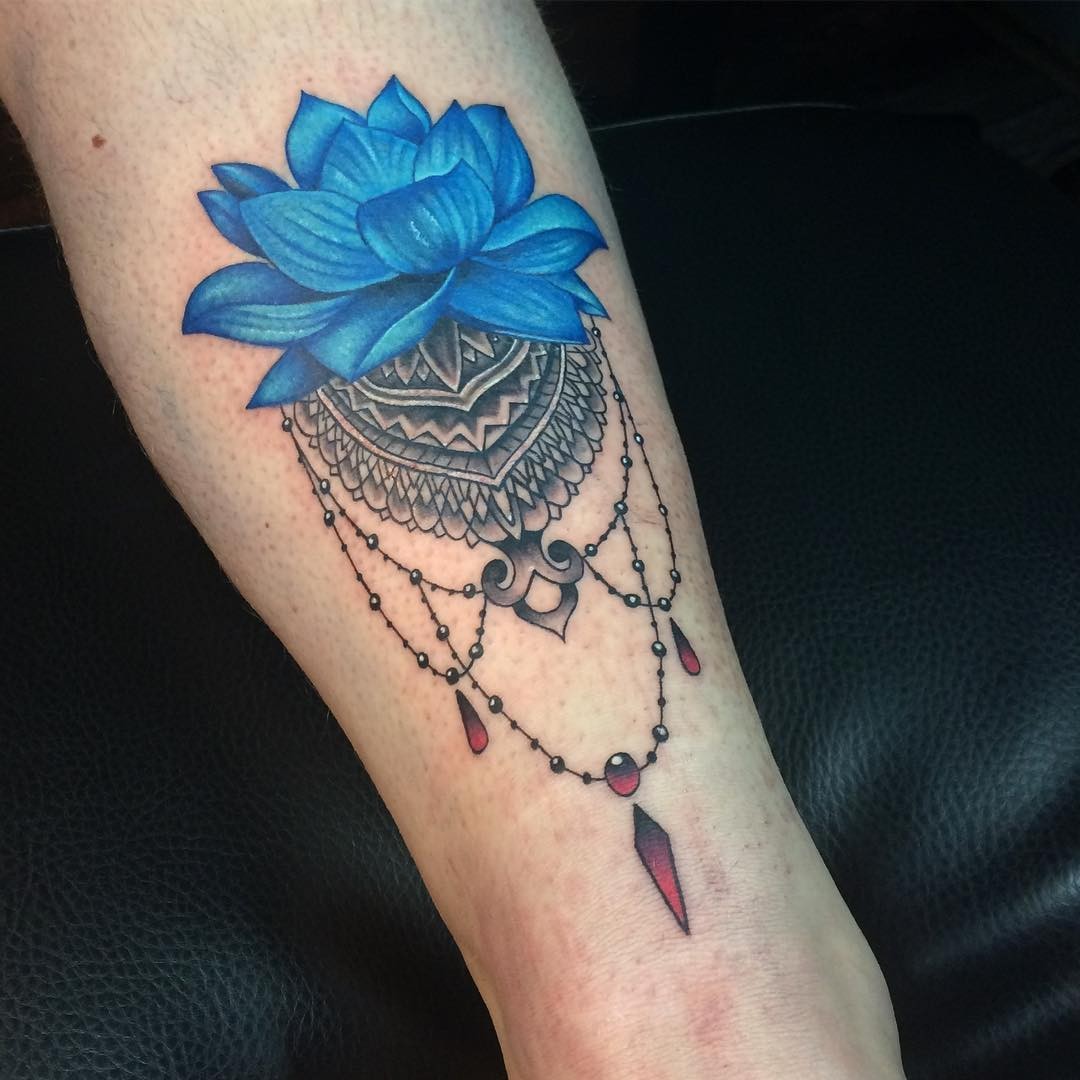 Blue Lotus And Mandala Tattoo With Jewelry